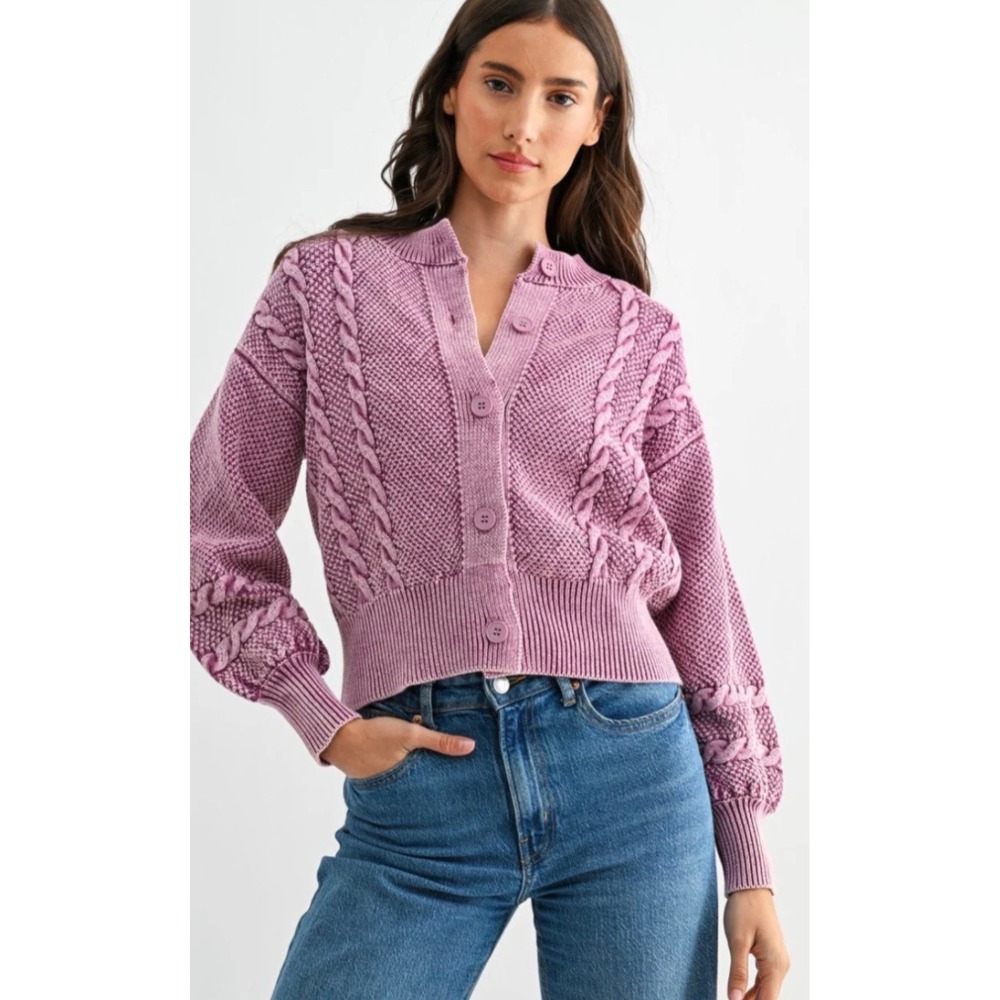 Camellia Cable Knit Cardigan Women Med Mauve Purple Cotton Balloon Sleeve‎ Boho